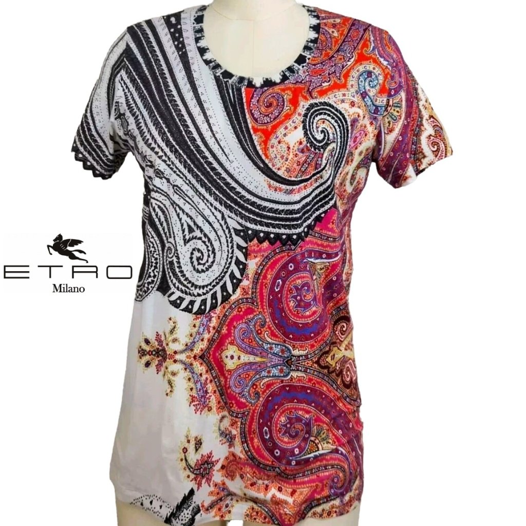 Etro Short-Sleeve Paisley Tee, Multicolor, Size S, Euc